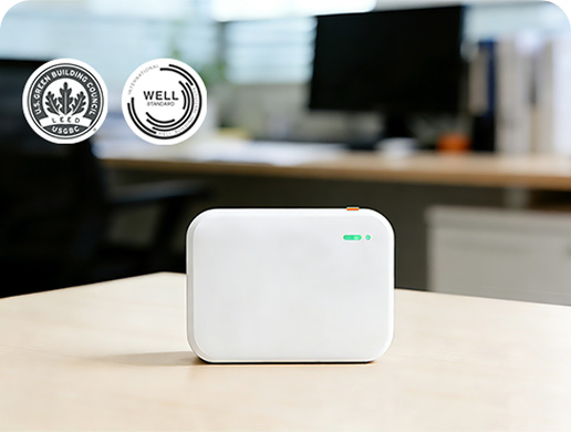 Aeropulse A100 indoor air quality monitor recognized with Works with WELL certification for healthy building performance.