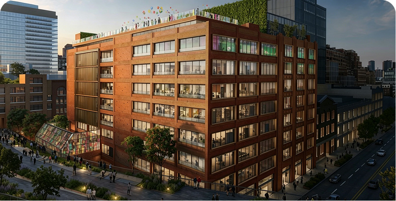 Modern commercial building using Aeropulse indoor air quality monitoring to support WELL and LEED certification requirements.